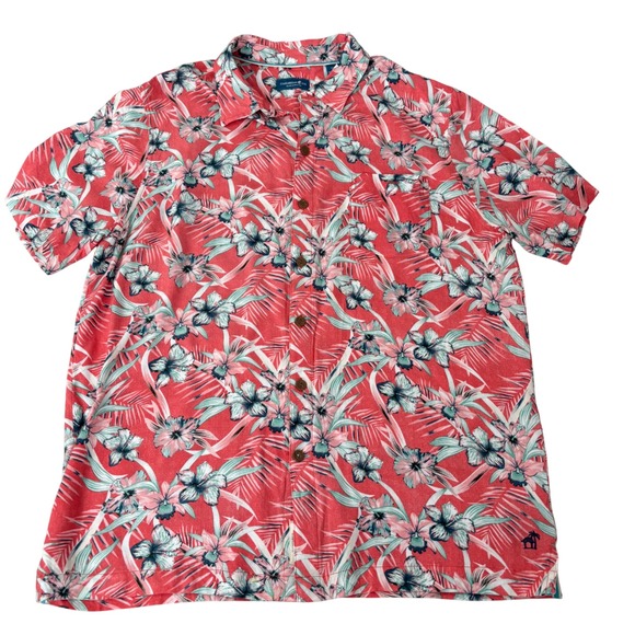 Caribbean Joe Other - Caribbean Joe Mens Large Tropical Floral Rayon Button Down Shirt Coral Pink Blue